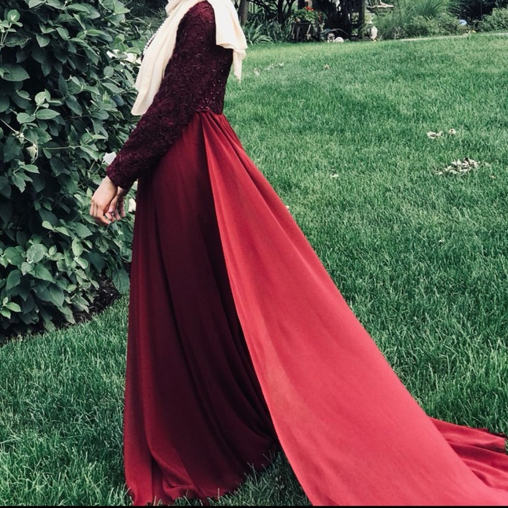 Modest burgundy long sleeve maxi dress with lace top & train with zipper…
